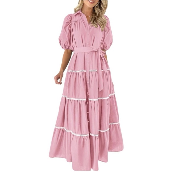 pretty garden Dresses & Skirts - Pretty Garden Summer Pink Button Down Shirt Dress Short Puffy Sleeve Size M & L